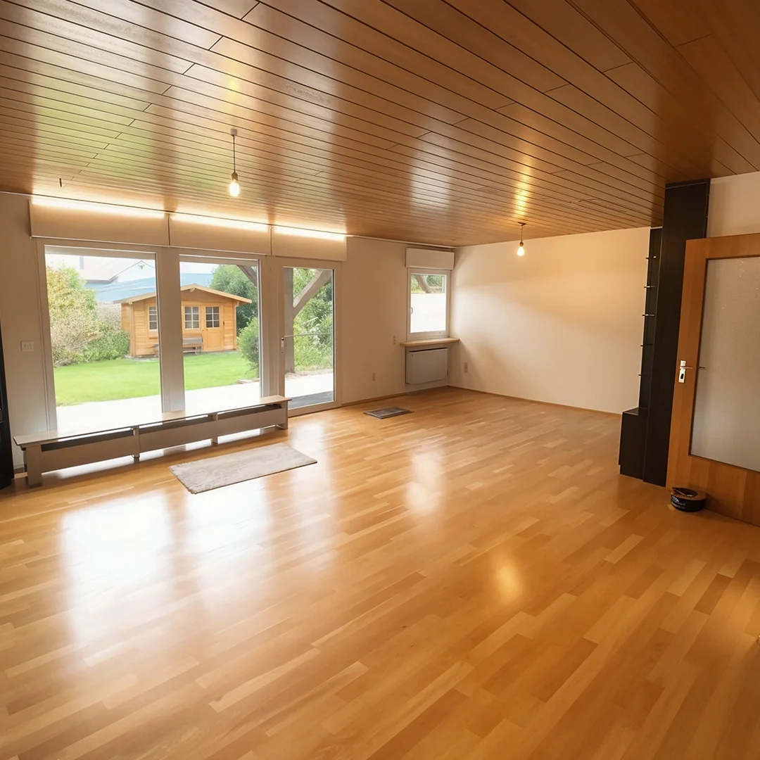 Einfamilienhaus Appenheim Ingelheimer Straße Wohnzimmer Leerer Wohnraum mit Holzdecke, Parkettboden, großen Fenstern und Blick auf Garten mit Gartenhaus.