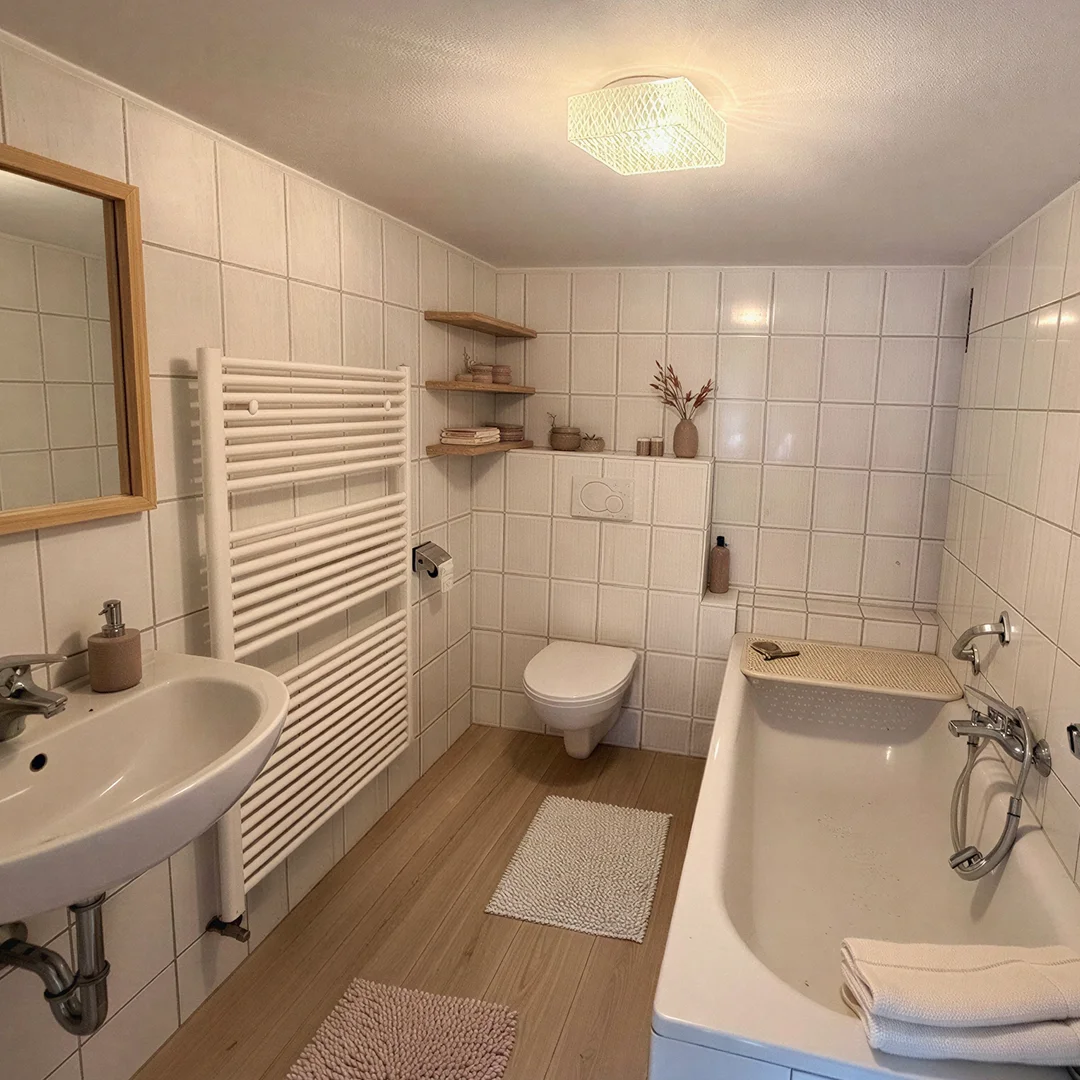 Badezimmer mit weiß gefliestem Wandbereich, Wand-WC, Badewanne mit Handtüchern, Waschbecken, Handtuchheizkörper und offenen Holzregalen