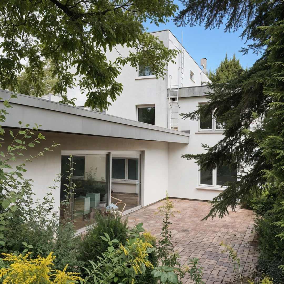 Moderner, weißer Kubus-Bungalow mit großer Terrasse, umgeben von Bäumen und Sträuchern.