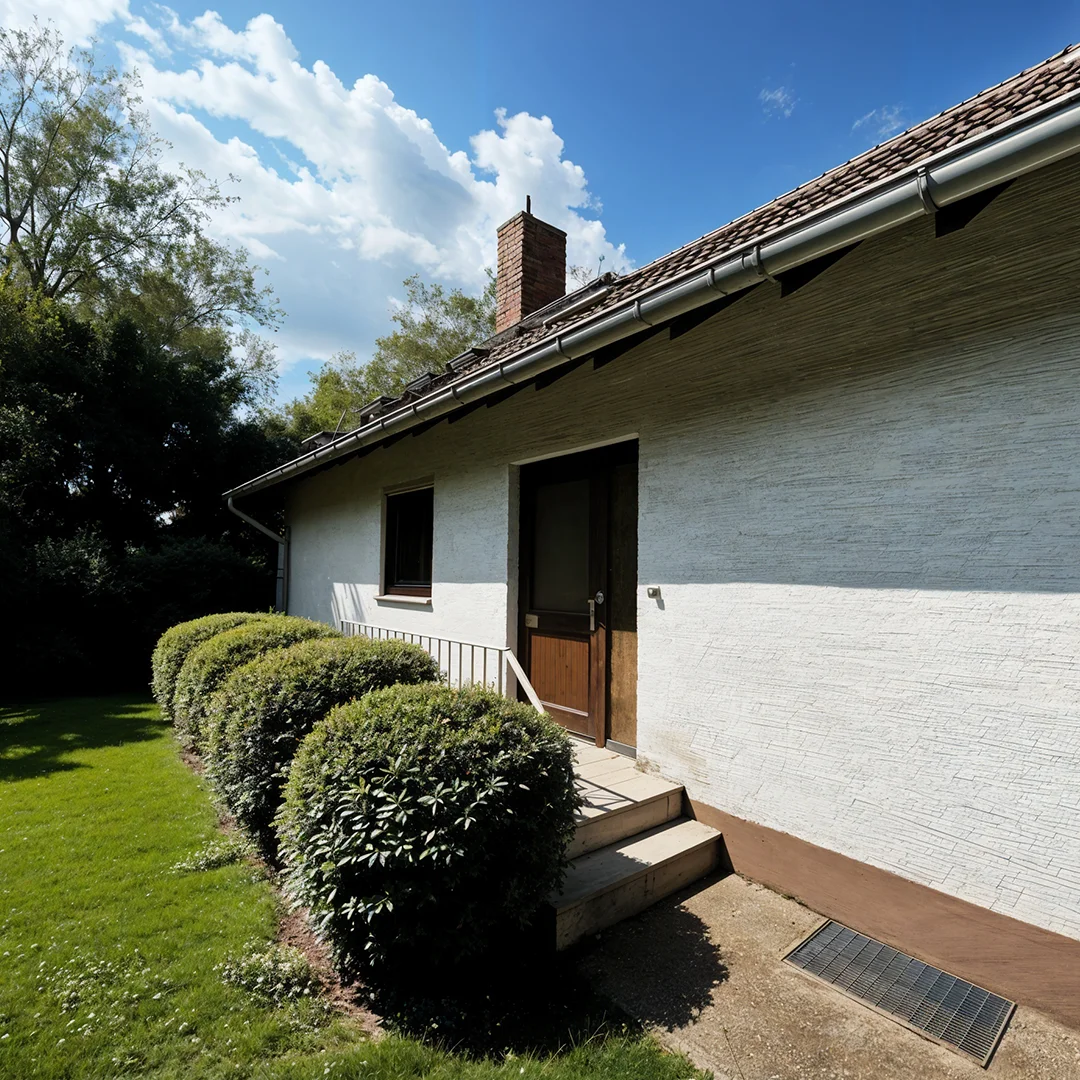 Eingangsbereich eines Einfamilienhauses mit weißer Fassade, brauner Holztür, drei Stufen und einer Reihe runder Sträucher davor.