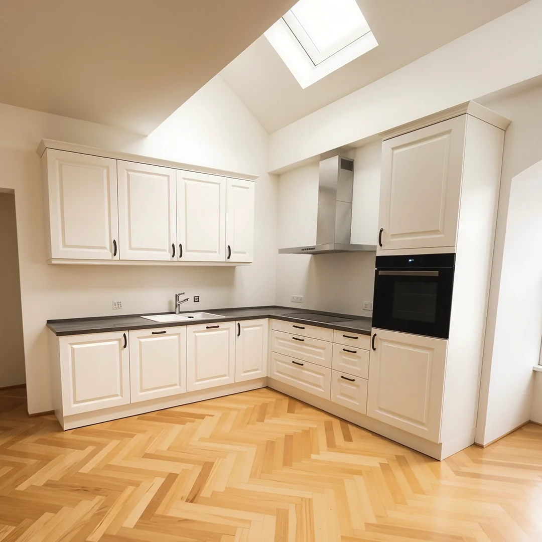 Maisonette Wohnung Mainz Klarastraße Küche Moderne Einbauküche mit weißen Schränken, schwarzer Arbeitsplatte, eingebautem Backofen und Dunstabzugshaube, heller Holzboden im Fischgrätmuster.
