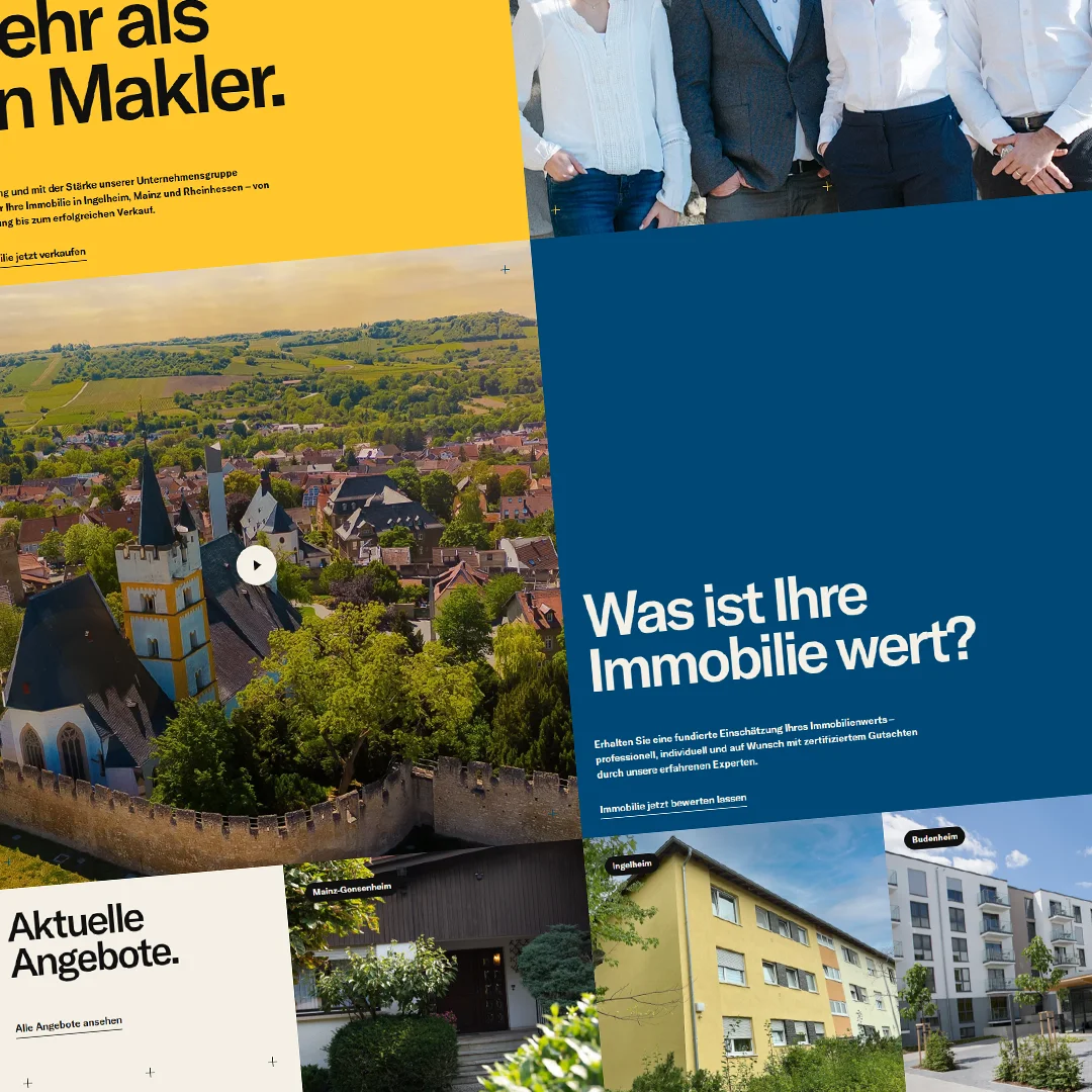 Webseiten-Collage mit Textflächen, Luftaufnahme einer Stadt mit Kirche sowie mehreren Immobilienfotos.