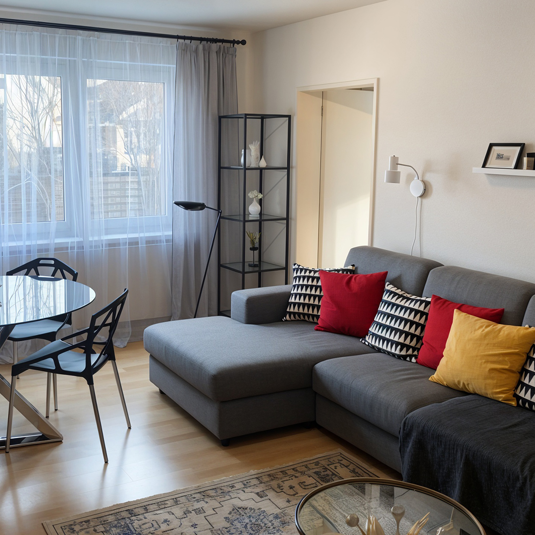 Wohnzimmer mit grauem Ecksofa, mehreren gemusterten und einfarbigen Kissen, rundem Glastisch, schwarzem Regal und Esstisch mit schwarzen Stühlen vor einem großen Fenster mit weißen Gardinen.