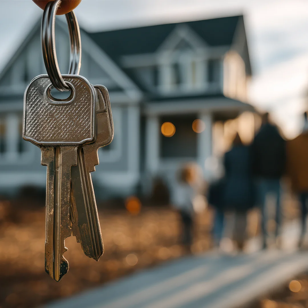 Nahaufnahme eines Schlüssels an einem Schlüsselring vor einem unscharfen Einfamilienhaus und zwei Personen im Hintergrund