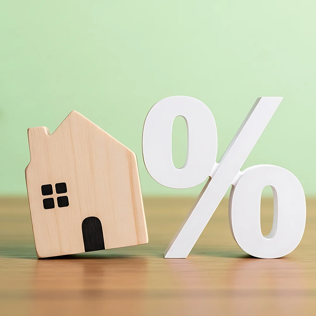 Holzhausfigur mit Fenstern und Tür neben großem weißen Prozentzeichen auf Holzuntergrund